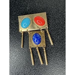 VTG Gold Unique Turquoise Coral Brooch Pin Unmarked Glam Fringe Accent
